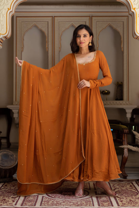 Mihika Rust Orange Georgette Anarkali Dress for Festive Season