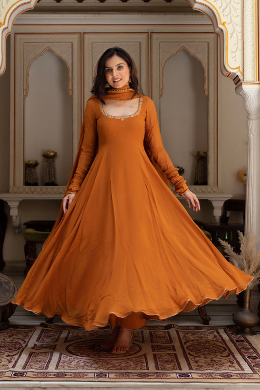 Mihika Rust Orange Georgette Anarkali Dress for Festive Season