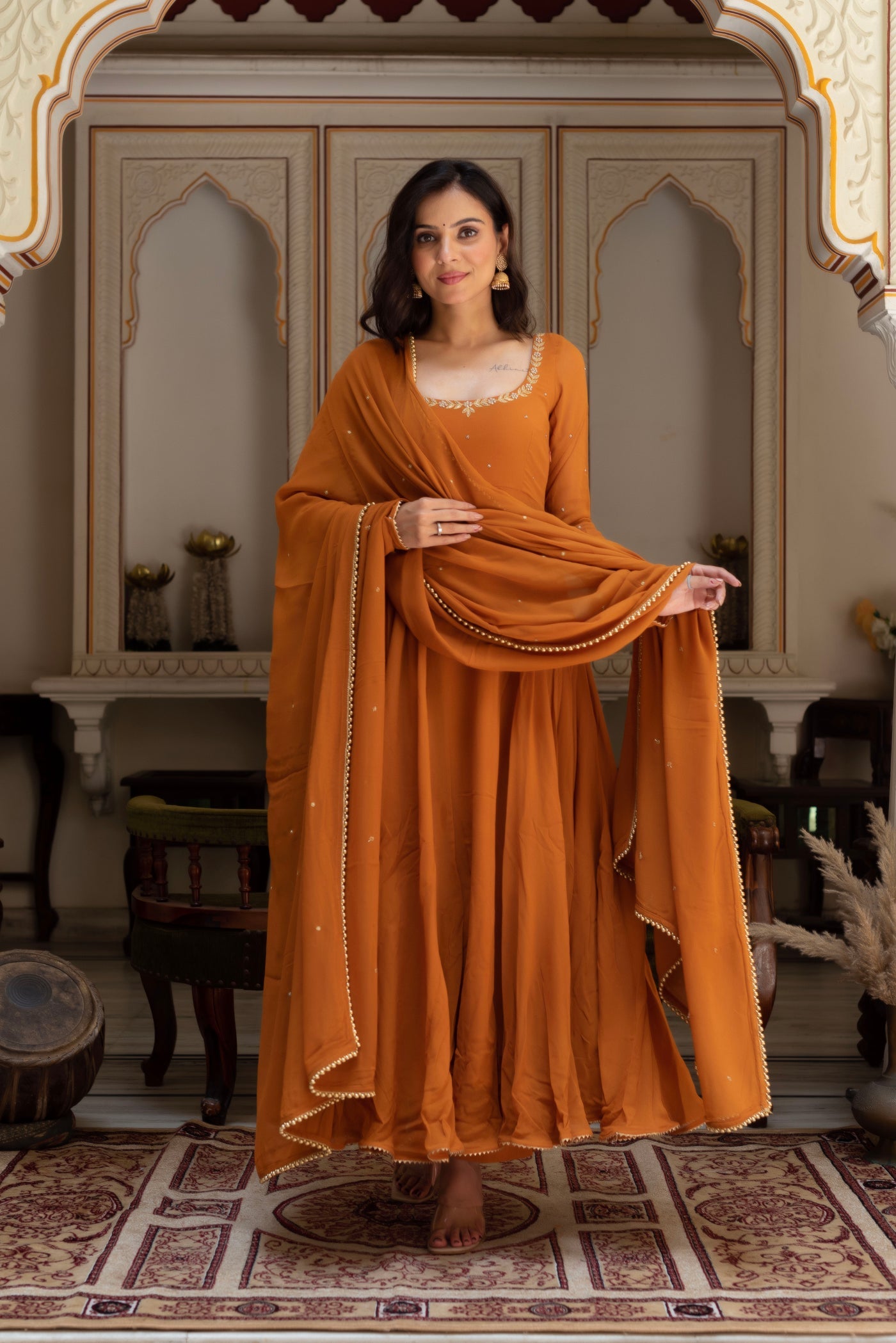 Mihika Rust Orange Georgette Anarkali Dress for Festive Season