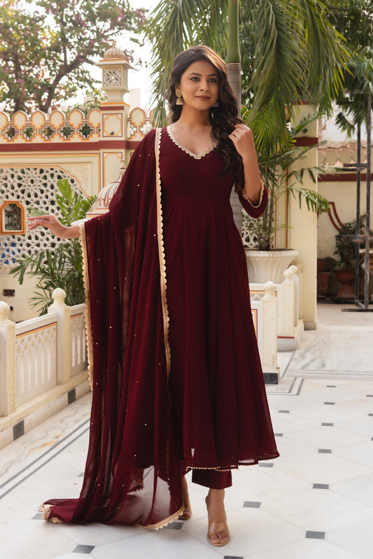 Mihika Maroon Color Faux Georgette Anarkali Suit Set