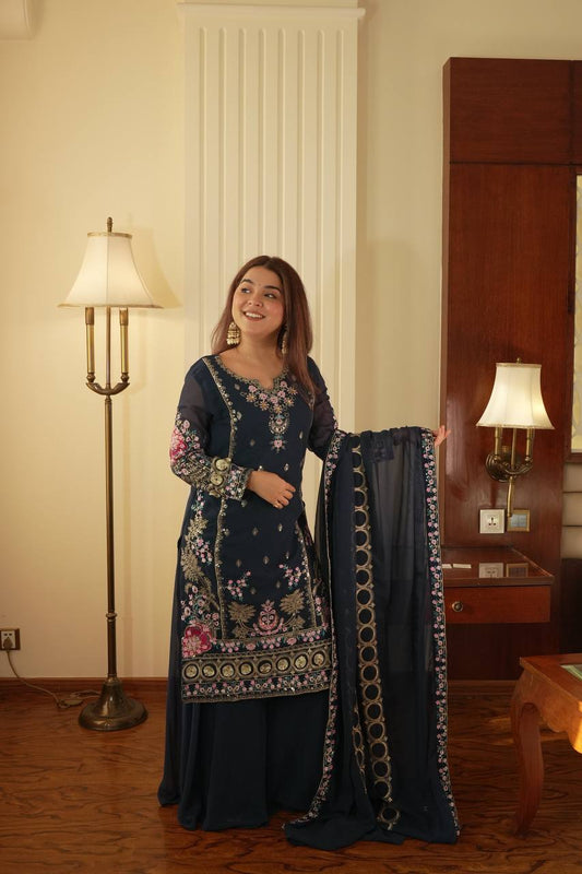 Mizaal Royal Blue Full Heavy Multi Thread Embroidery Work Sharara Suit Set