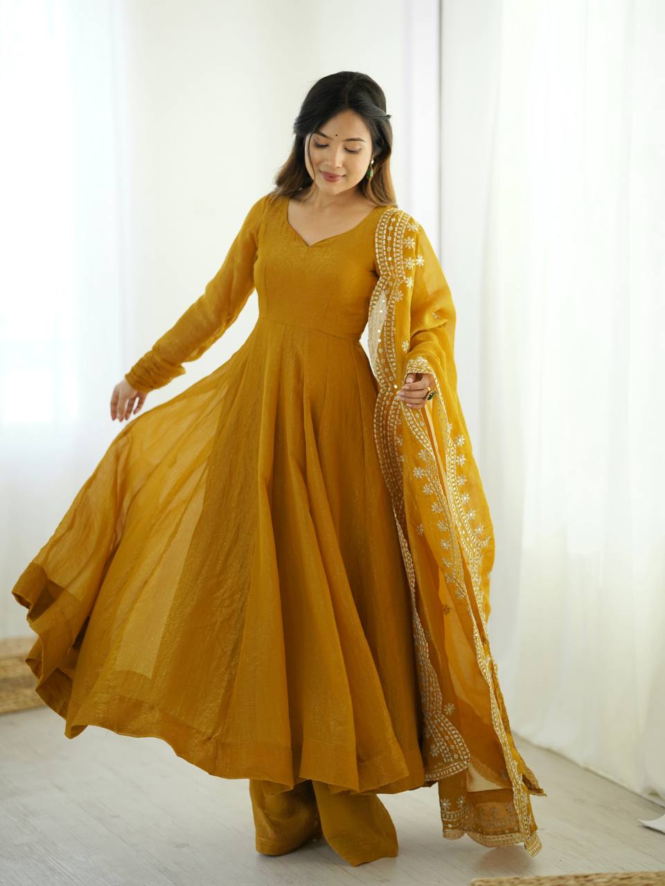 Mustard Anarkali Gown in Fendi Silk With Sequence Embroidery Dupatta for Sangeet