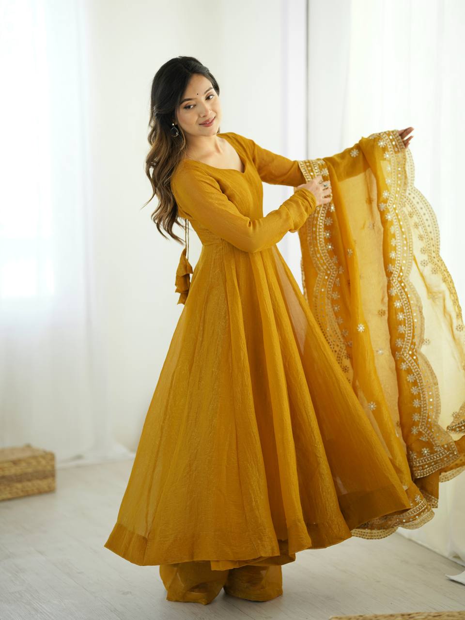 Mustard Anarkali Gown in Fendi Silk With Sequence Embroidery Dupatta for Sangeet