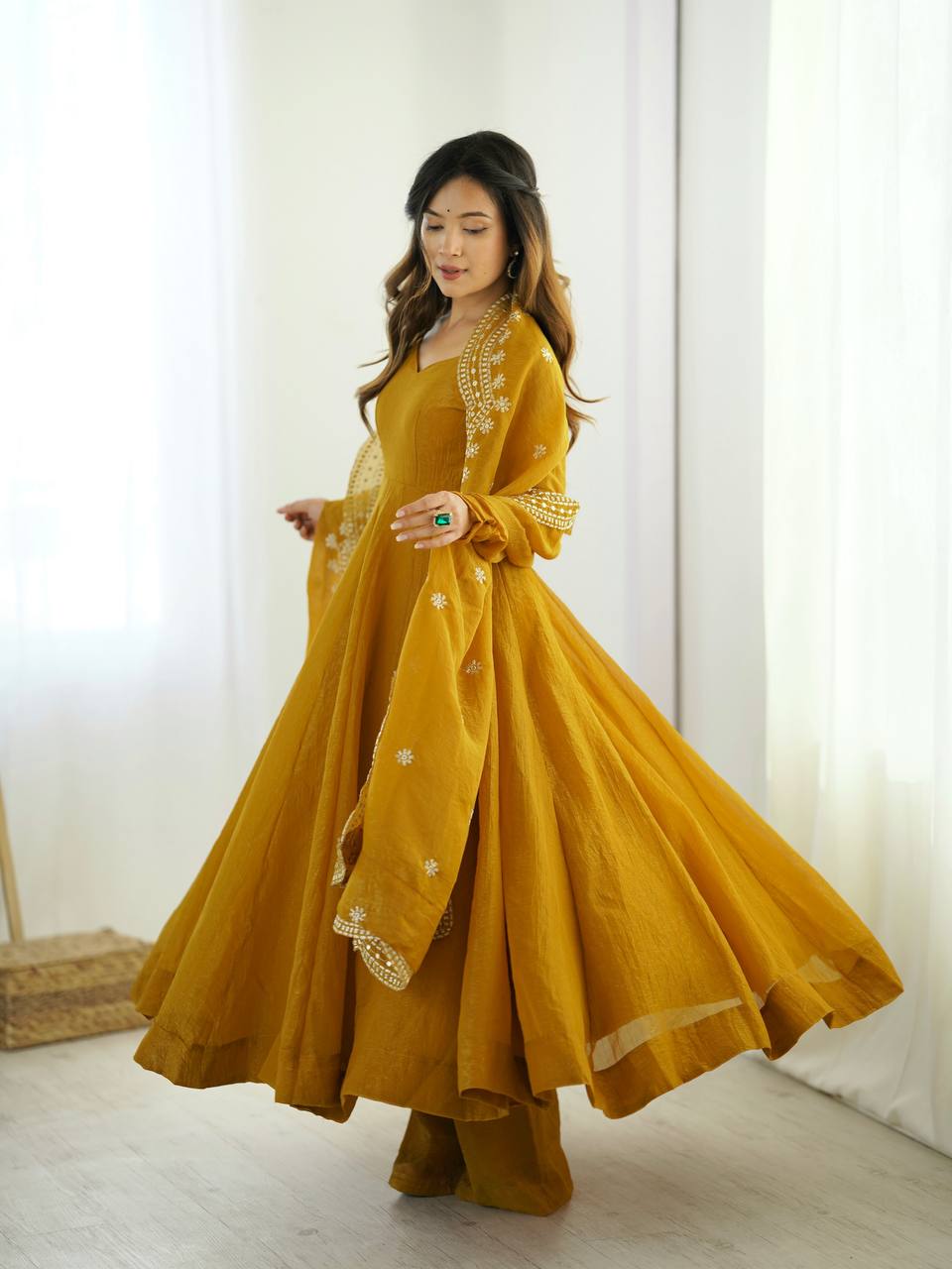 Mustard Anarkali Gown in Fendi Silk With Sequence Embroidery Dupatta for Sangeet