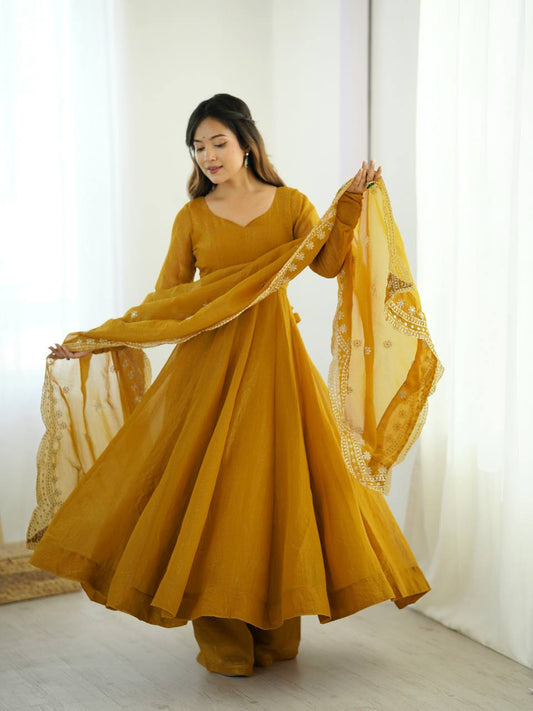 Mustard Anarkali Gown in Fendi Silk With Sequence Embroidery Dupatta for Sangeet