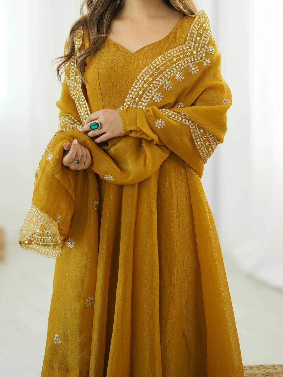 Mustard Anarkali Gown in Fendi Silk With Sequence Embroidery Dupatta for Sangeet