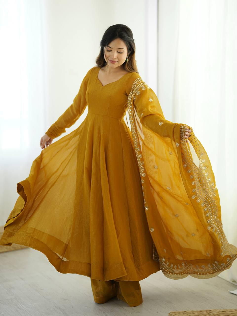 Mustard Anarkali Gown in Fendi Silk With Sequence Embroidery Dupatta for Sangeet