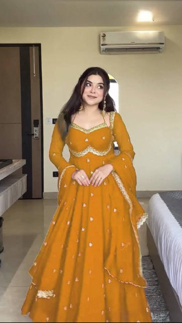 Mustard Yellow Embroidered Georgette Anarkali Dress