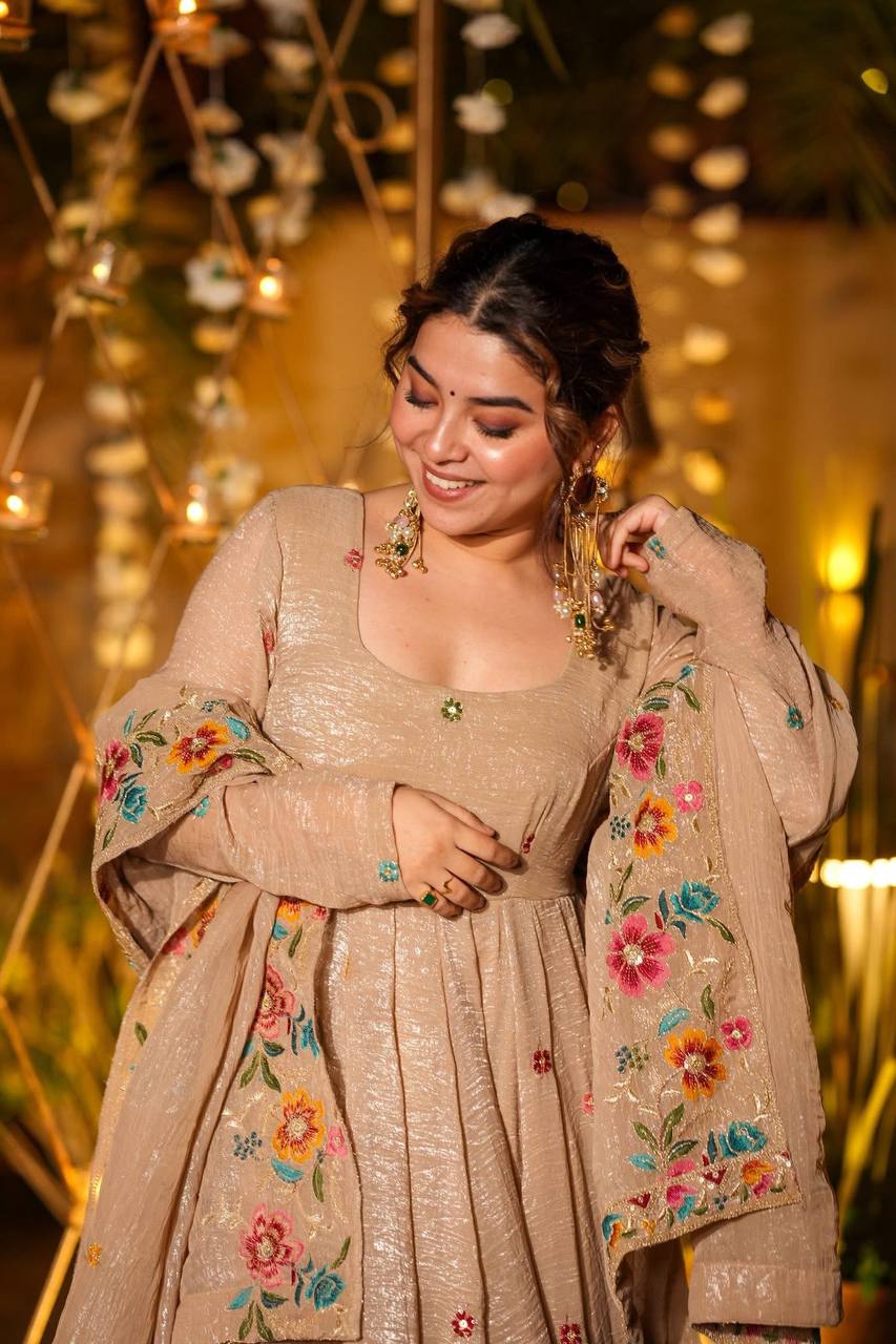 Neria Cream Crunchy Silk Embroidery Work Gown With Dupatta For Wedding