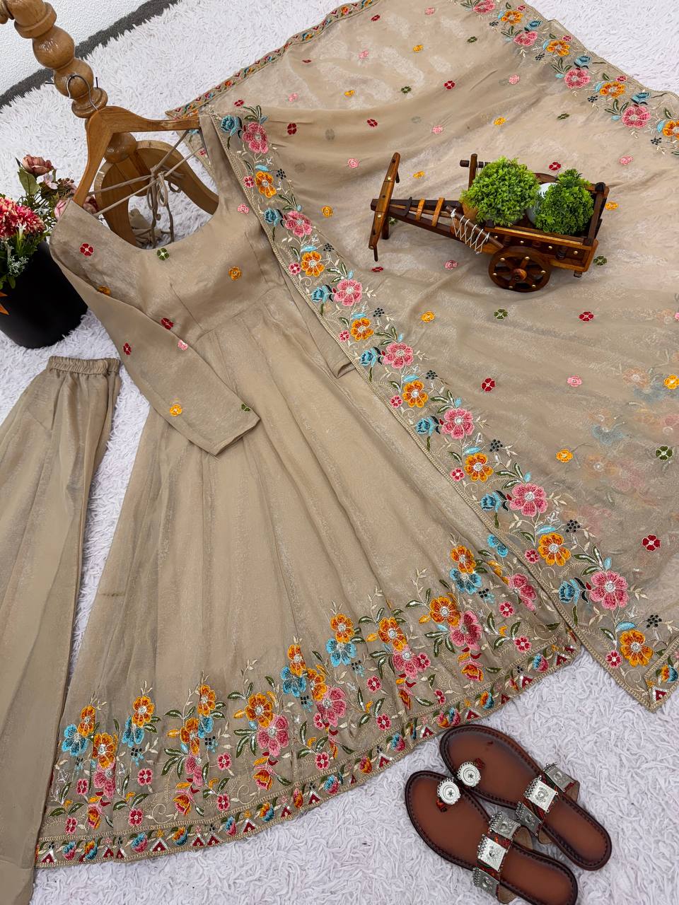 Neria Cream Crunchy Silk Embroidery Work Gown With Dupatta For Wedding