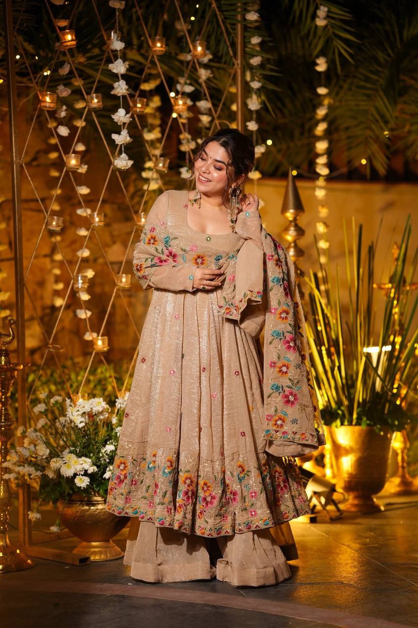 Neria Cream Crunchy Silk Embroidery Work Gown With Dupatta For Wedding