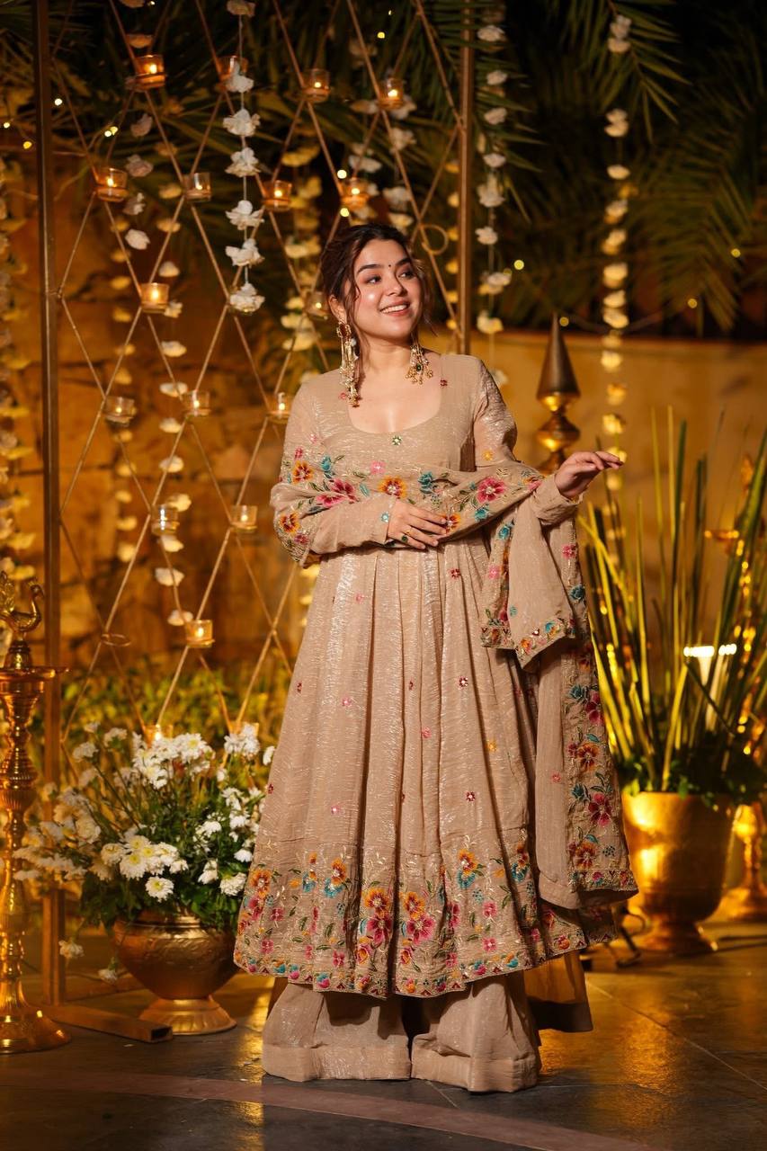 Neria Cream Crunchy Silk Embroidery Work Gown With Dupatta For Wedding