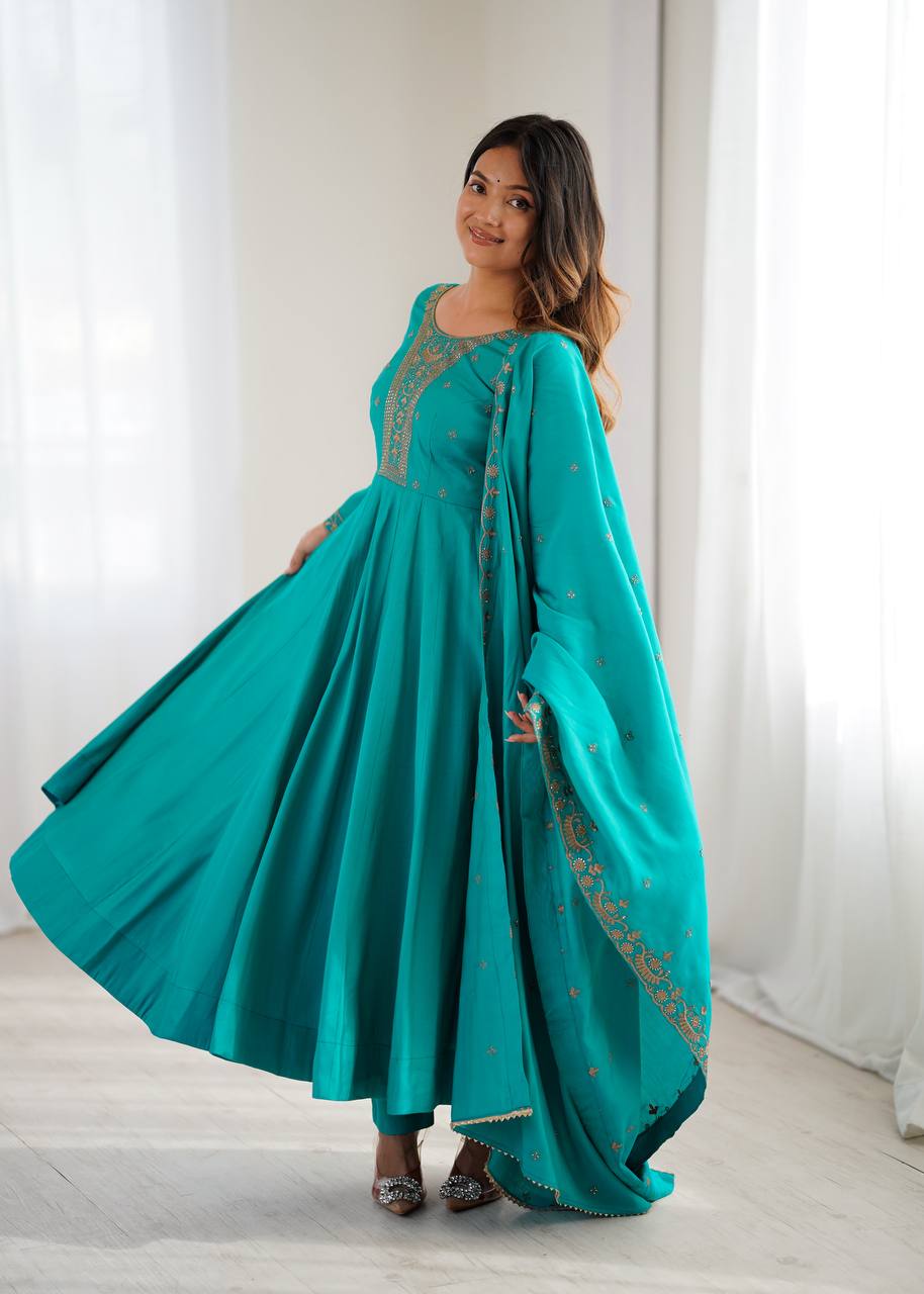 Nitara Torquise Blue Beads Work Neck Design Anarkali Suit Set With Dupatta