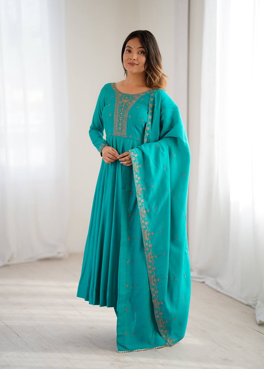 Nitara Torquise Blue Beads Work Neck Design Anarkali Suit Set With Dupatta