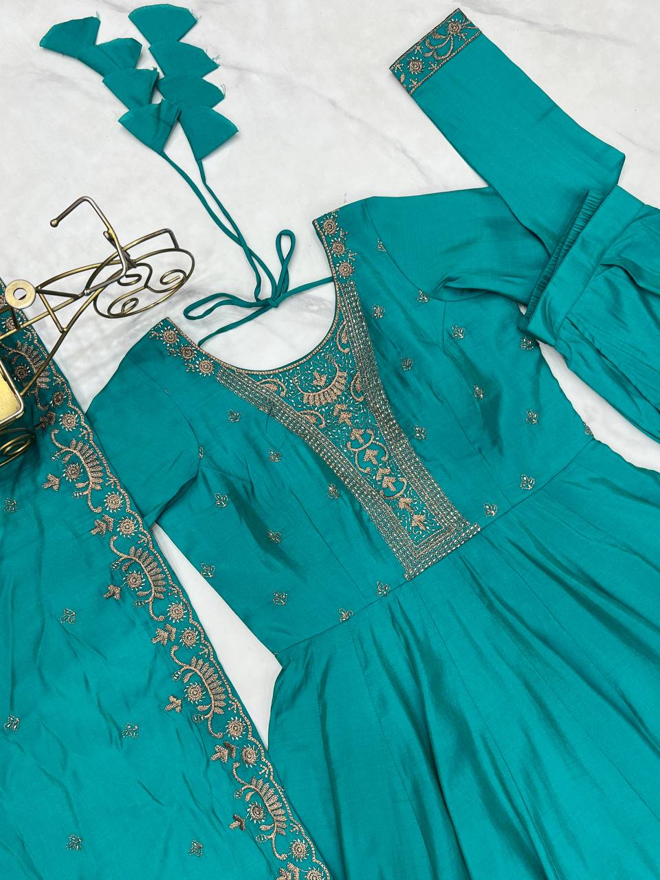 Nitara Torquise Blue Beads Work Neck Design Anarkali Suit Set With Dupatta