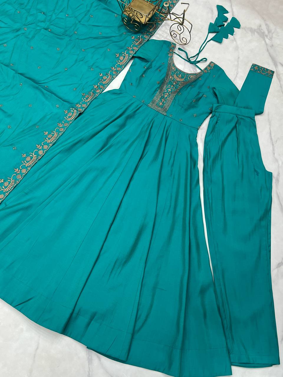 Nitara Torquise Blue Beads Work Neck Design Anarkali Suit Set With Dupatta