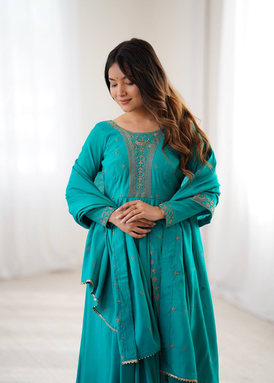 Nitara Torquise Blue Beads Work Neck Design Anarkali Suit Set With Dupatta