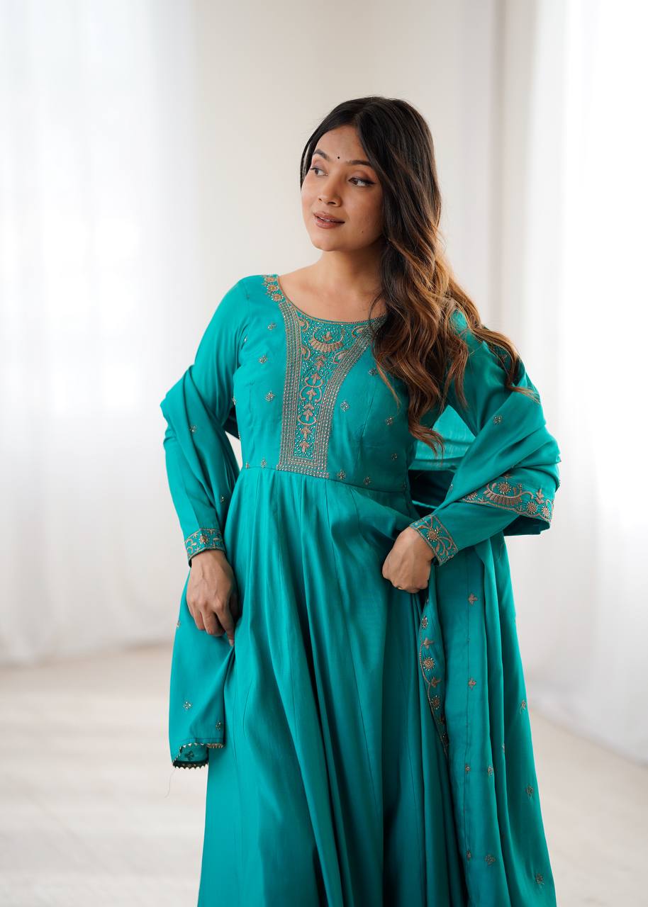 Nitara Torquise Blue Beads Work Neck Design Anarkali Suit Set With Dupatta
