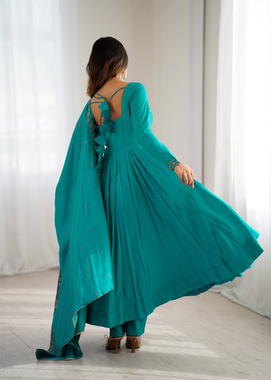 Nitara Torquise Blue Beads Work Neck Design Anarkali Suit Set With Dupatta