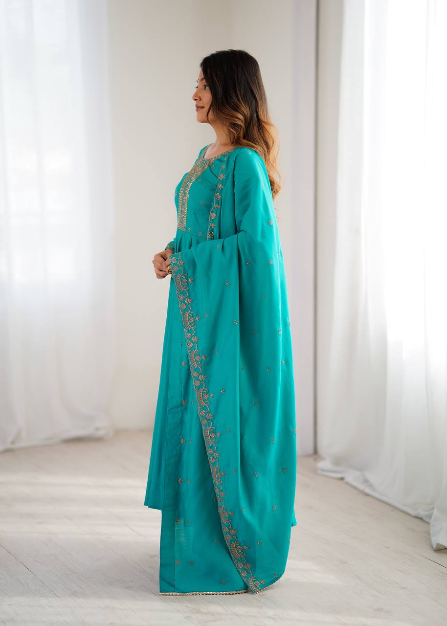 Nitara Torquise Blue Beads Work Neck Design Anarkali Suit Set With Dupatta