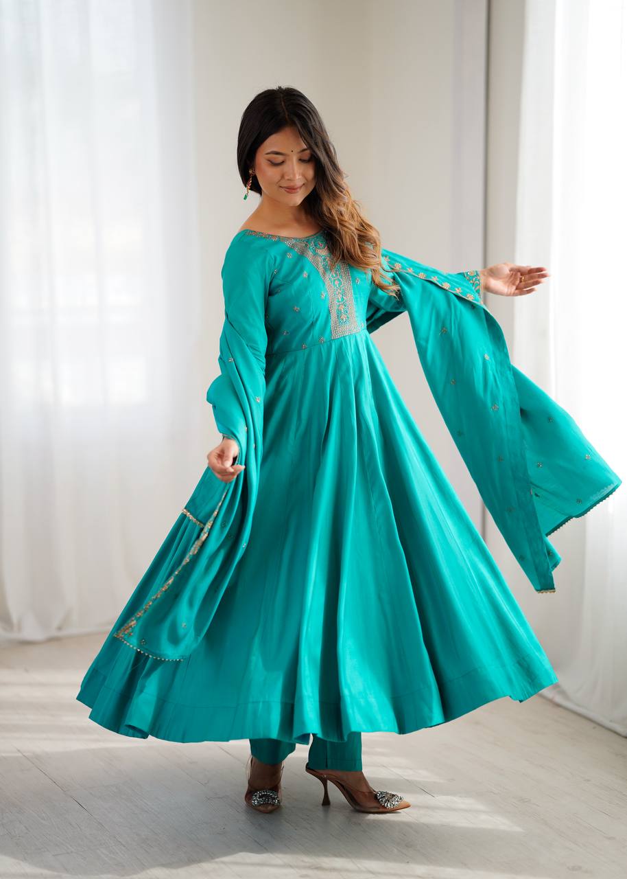 Nitara Torquise Blue Beads Work Neck Design Anarkali Suit Set With Dupatta