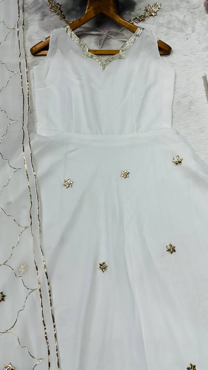 Nivara White Faux Georgette Anarkali Set with Hand Gotta Work
