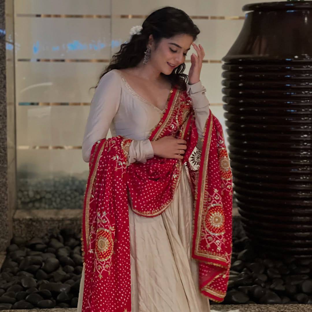 Noor Anarkali Suit Set with Traditional Red Bandhani Dupatta