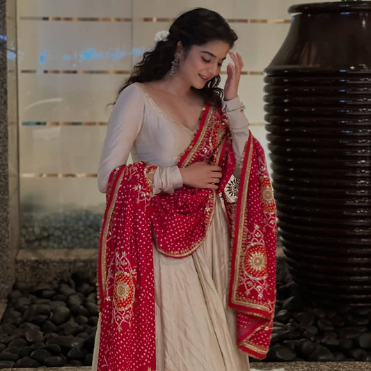 Noor Anarkali Suit Set with Traditional Red Bandhani Dupatta