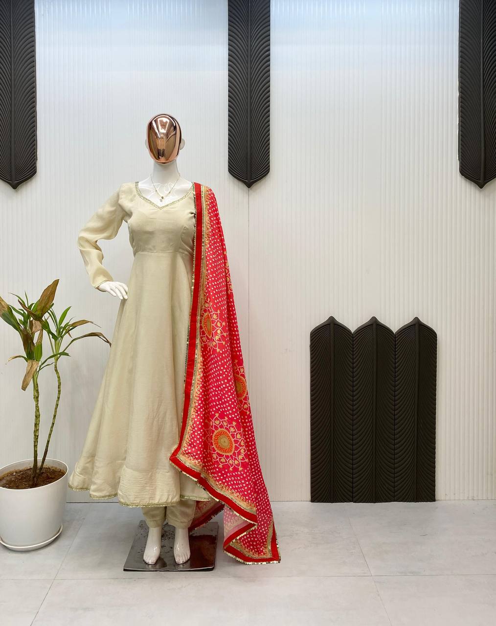 Noor Anarkali Suit Set with Traditional Red Bandhani Dupatta
