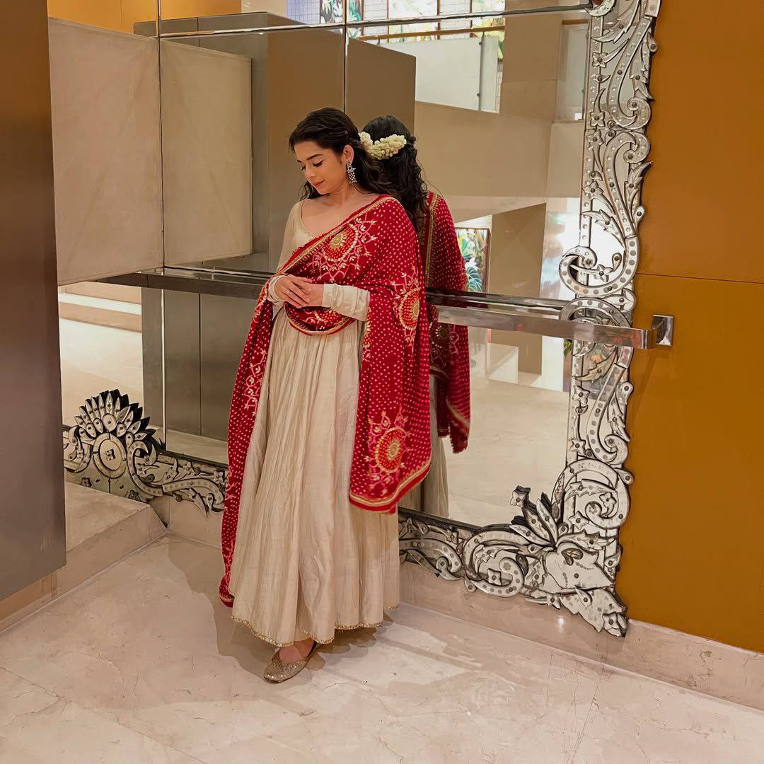 Noor Anarkali Suit Set with Traditional Red Bandhani Dupatta