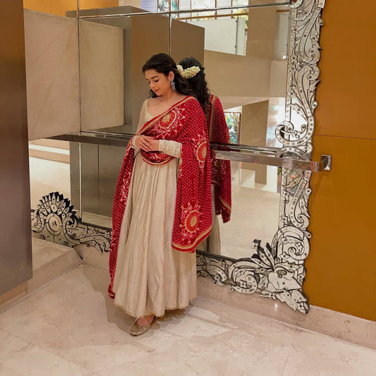 Noor Anarkali Suit Set with Traditional Red Bandhani Dupatta