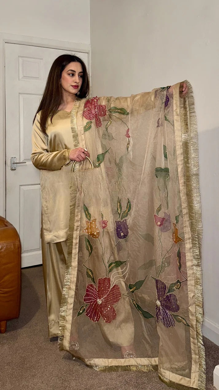 Nura Gold Designer Party Wear Look Top With Farshi Plazzo Suit