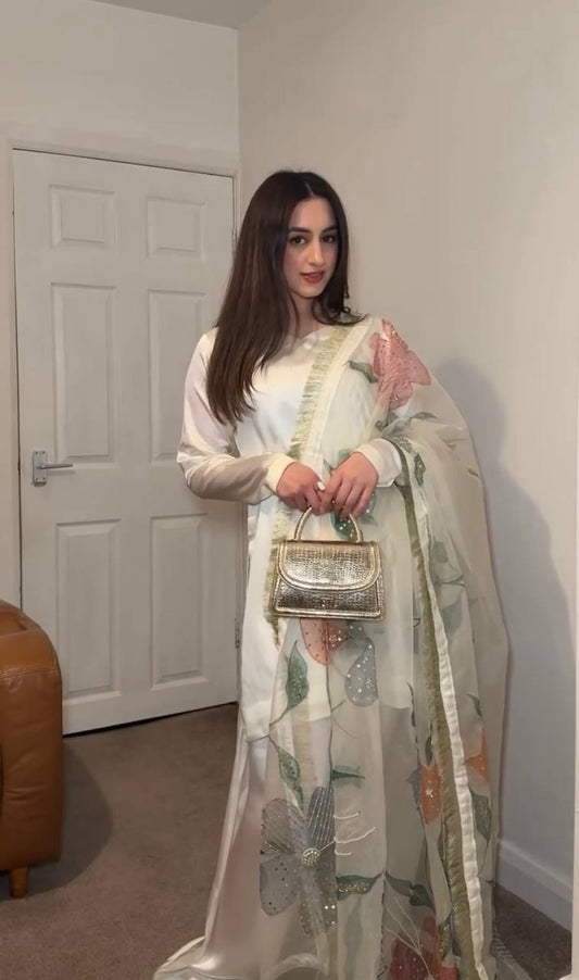 Nura White Designer Party Wear Look Top With Farshi Palazzo Suit