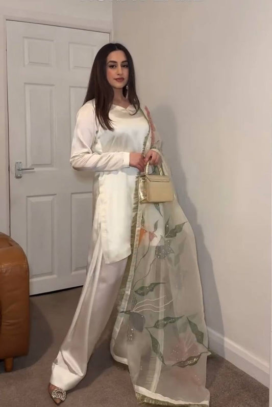 Nura White Designer Party Wear Look Top With Farshi Palazzo Suit