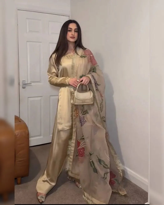 Nura Gold Designer Party Wear Look Top With Farshi Plazzo Suit