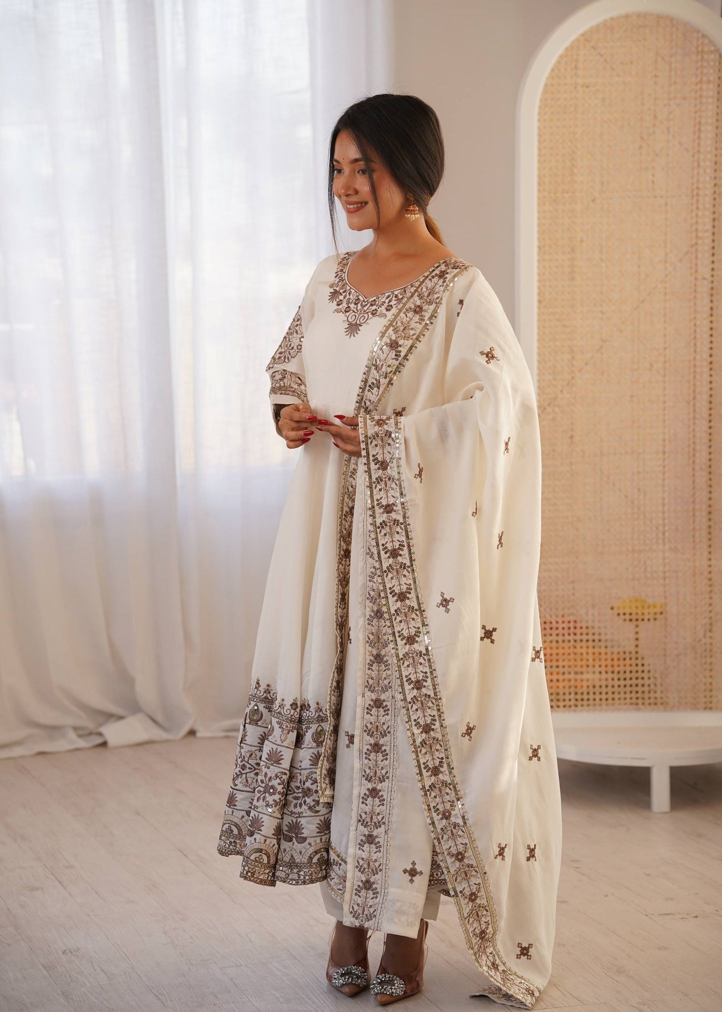Off-White Embroidered Anarkali Suit with Dupatta for Diwali