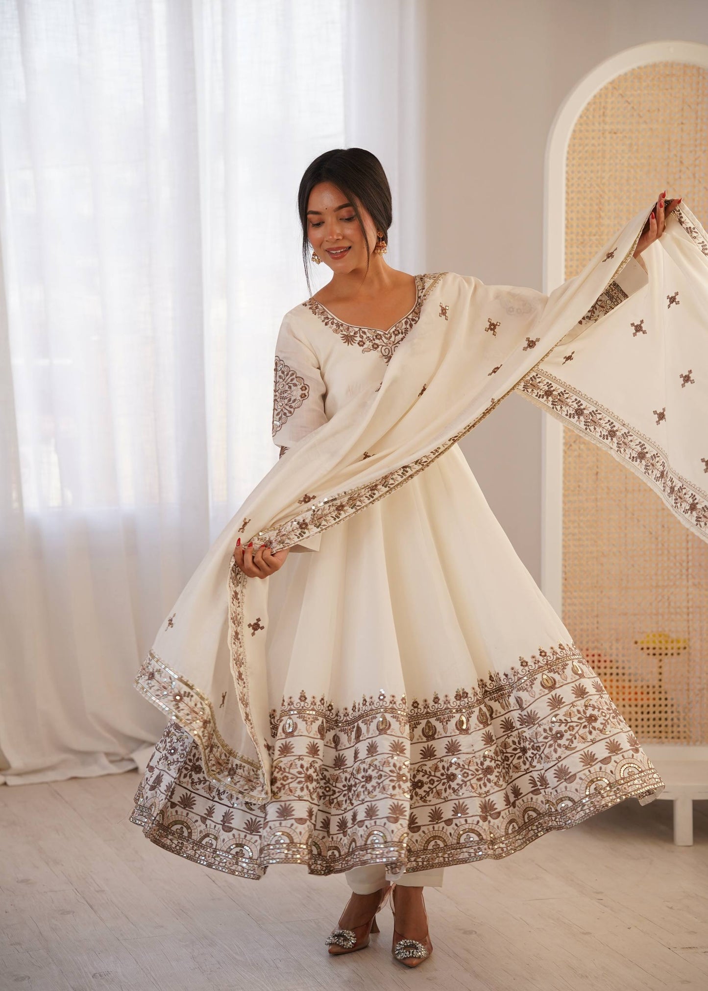 Off-White Embroidered Anarkali Suit with Dupatta for Diwali