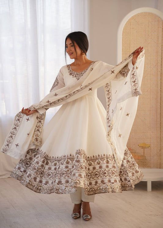 Off-White Embroidered Anarkali Suit with Dupatta for Diwali