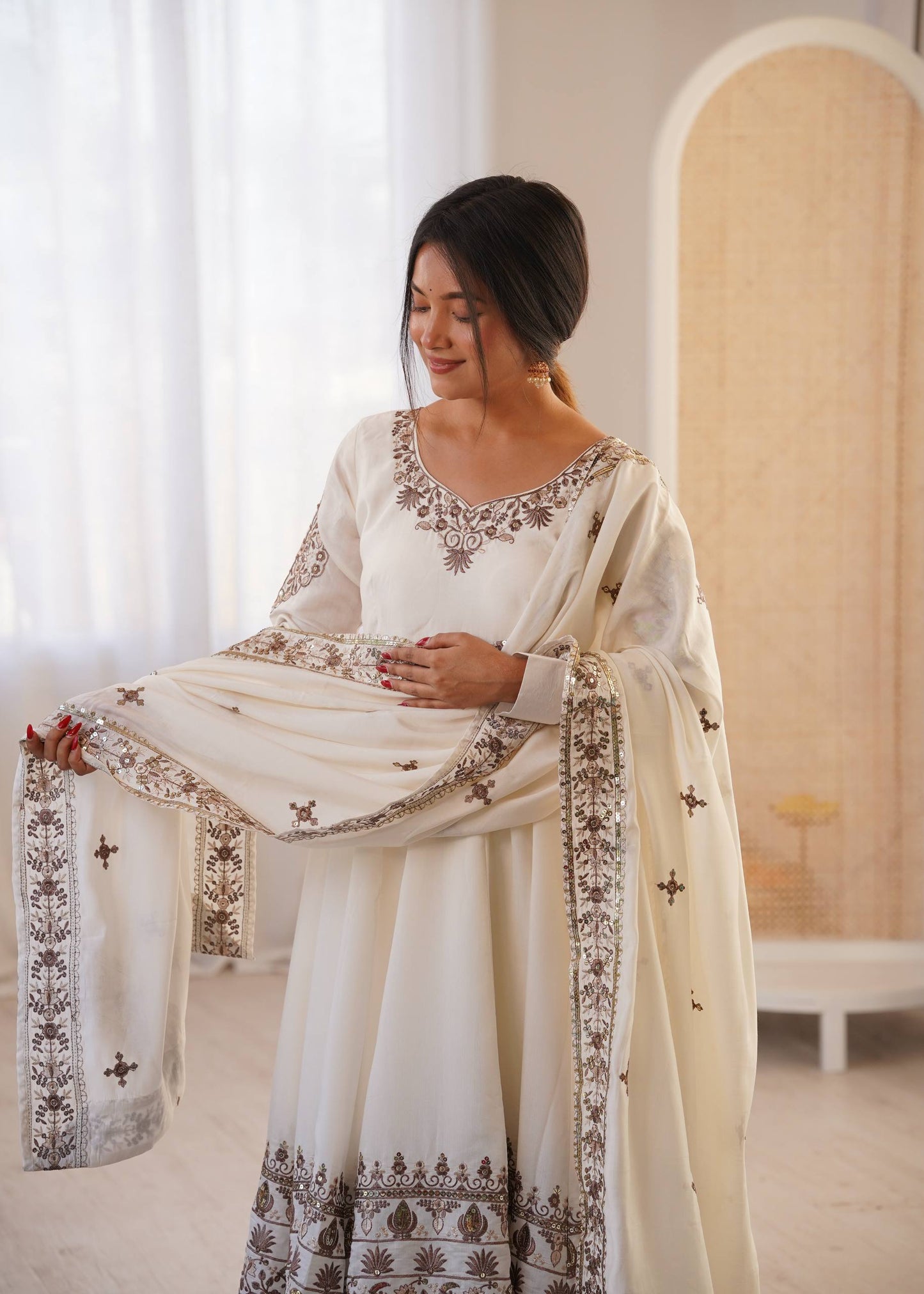 Off-White Embroidered Anarkali Suit with Dupatta for Diwali