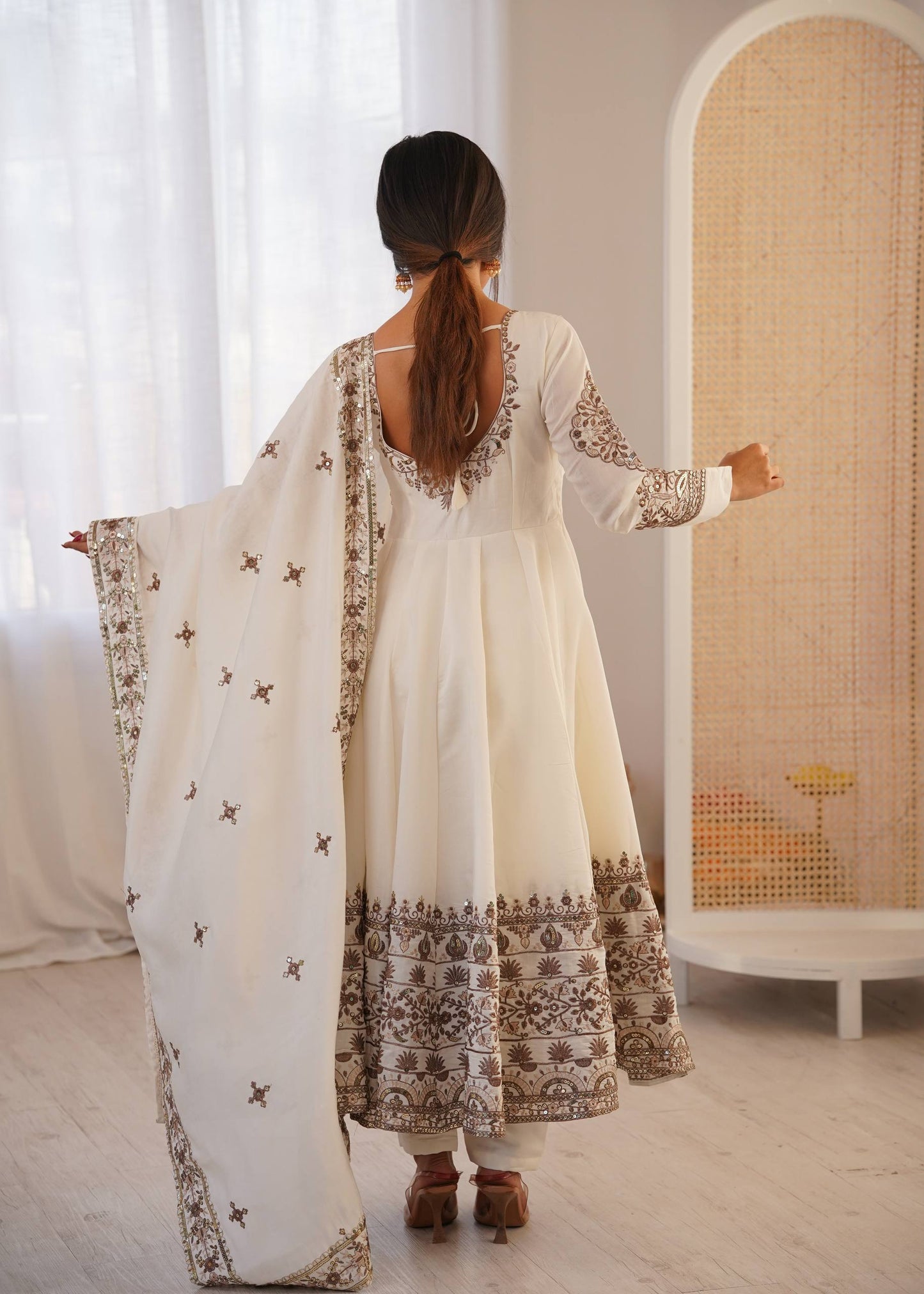 Off-White Embroidered Anarkali Suit with Dupatta for Diwali