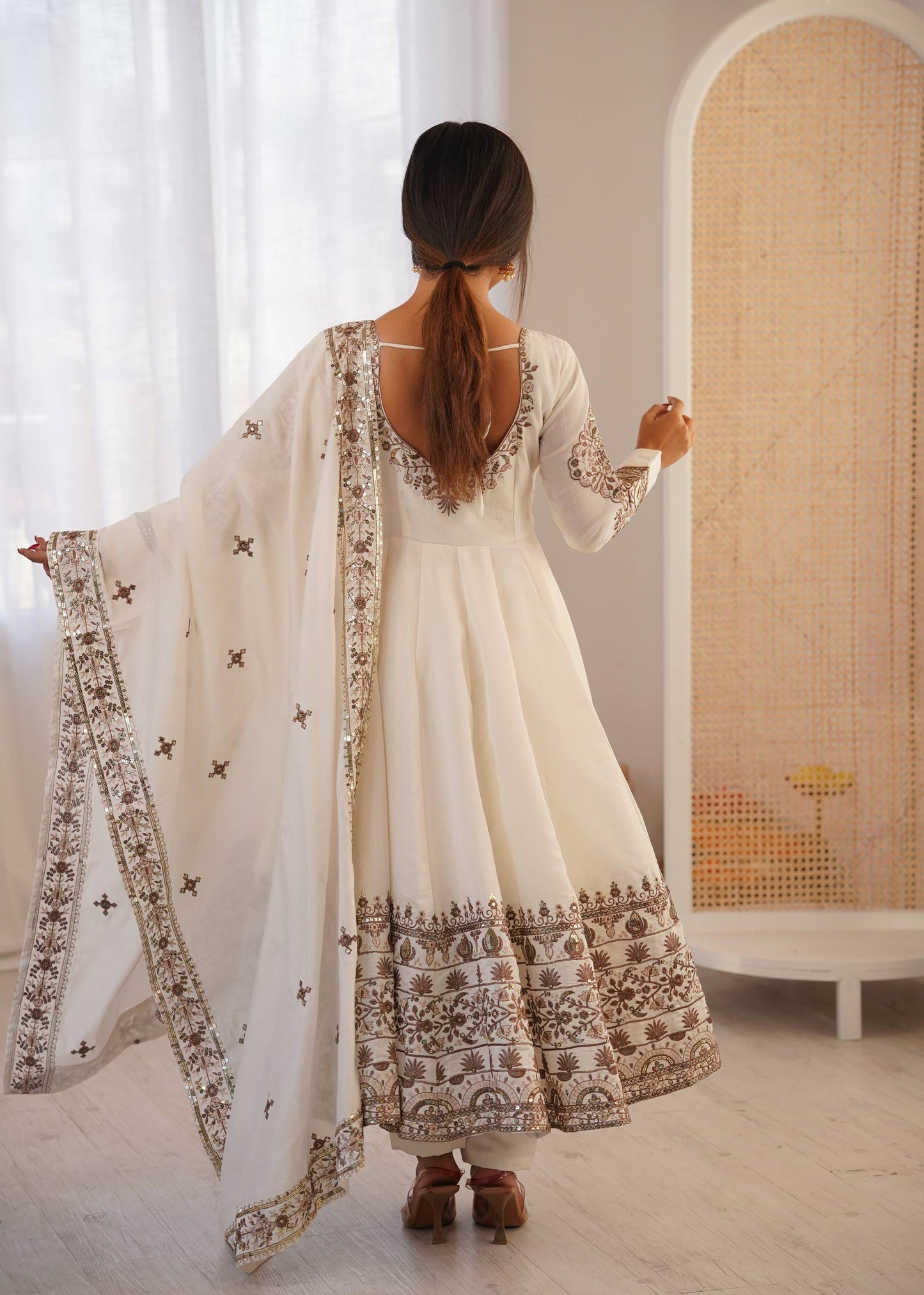 Off-White Embroidered Anarkali Suit with Dupatta for Diwali