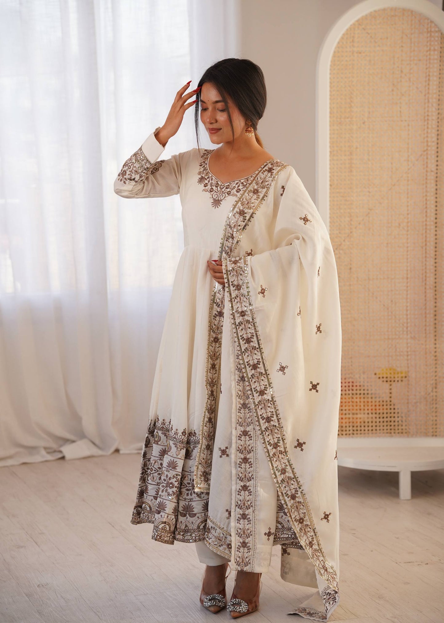 Off-White Embroidered Anarkali Suit with Dupatta for Diwali