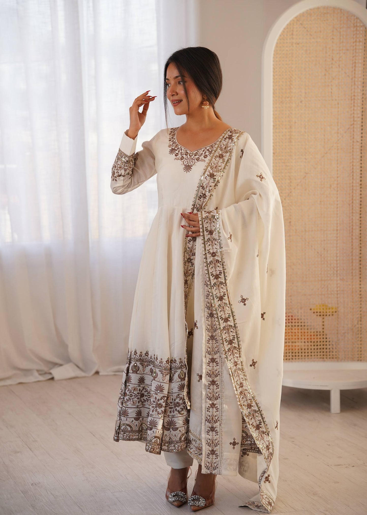 Off-White Embroidered Anarkali Suit with Dupatta for Diwali