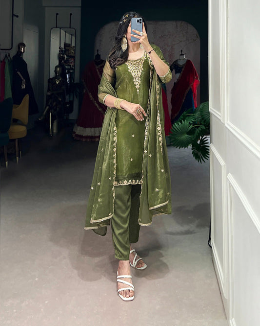 Olive Green Color Gold Coin Three Piece Salwar Suit