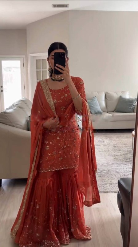 Orange Color Fox Georgette Embroidered Heavy Sequence Work Sharara Suit Set