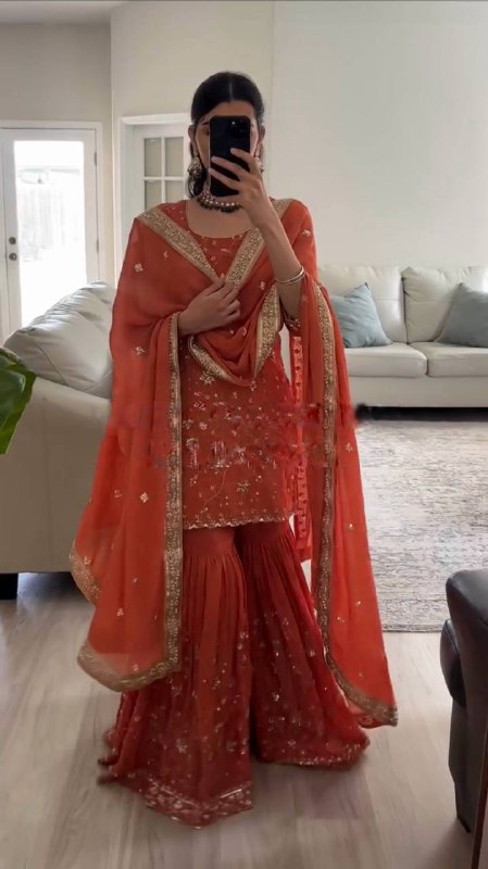 Orange Color Fox Georgette Embroidered Heavy Sequence Work Sharara Suit Set