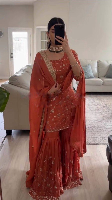 Orange Color Fox Georgette Embroidered Heavy Sequence Work Sharara Suit Set