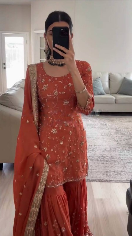 Orange Color Fox Georgette Embroidered Heavy Sequence Work Sharara Suit Set