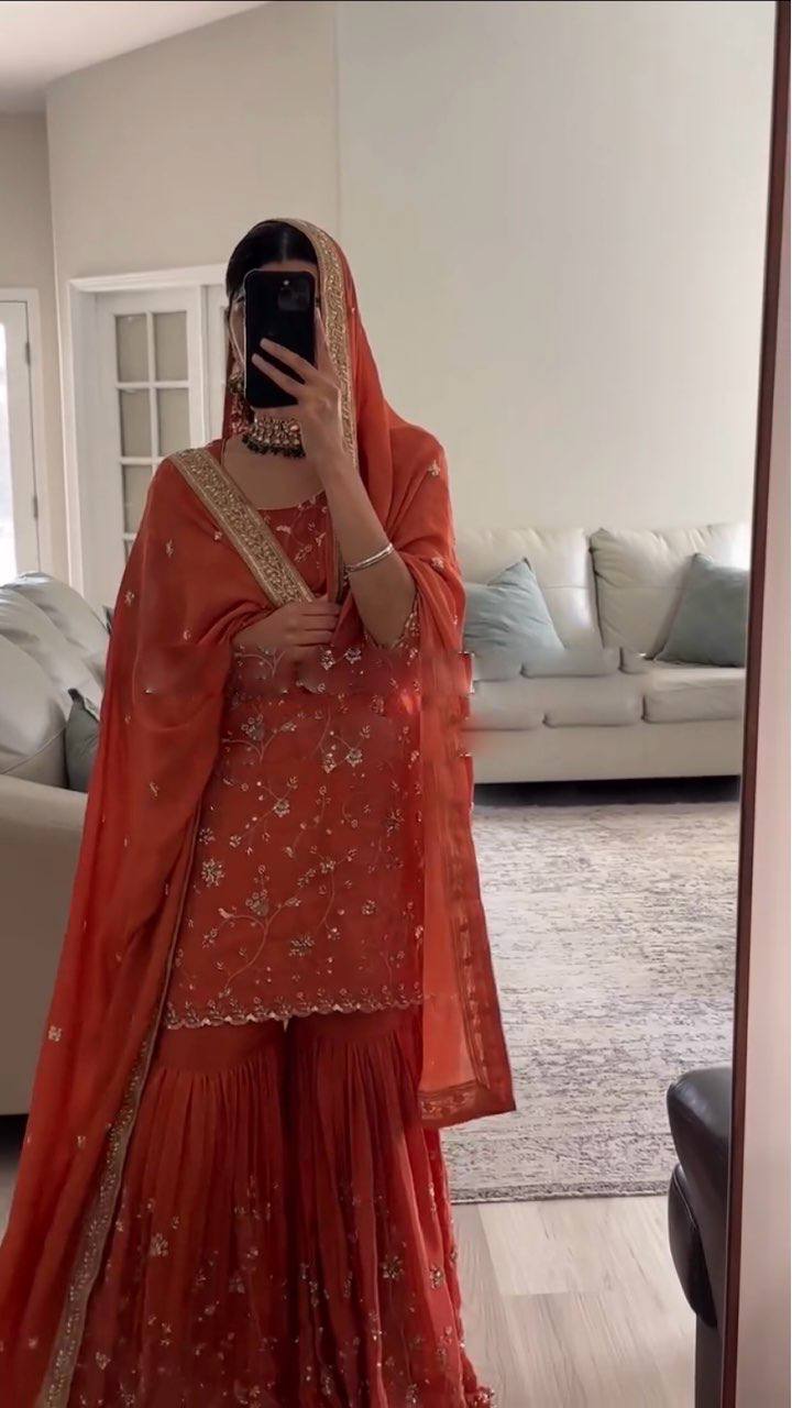 Orange Color Fox Georgette Embroidered Heavy Sequence Work Sharara Suit Set