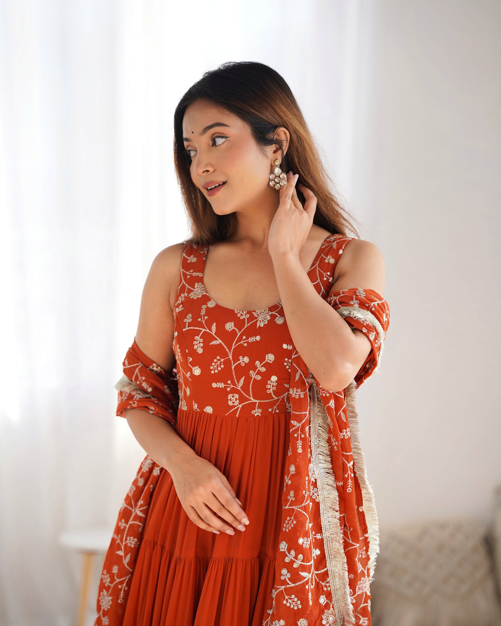 Orange Georgette Anarkali Suit with Dupatta -10